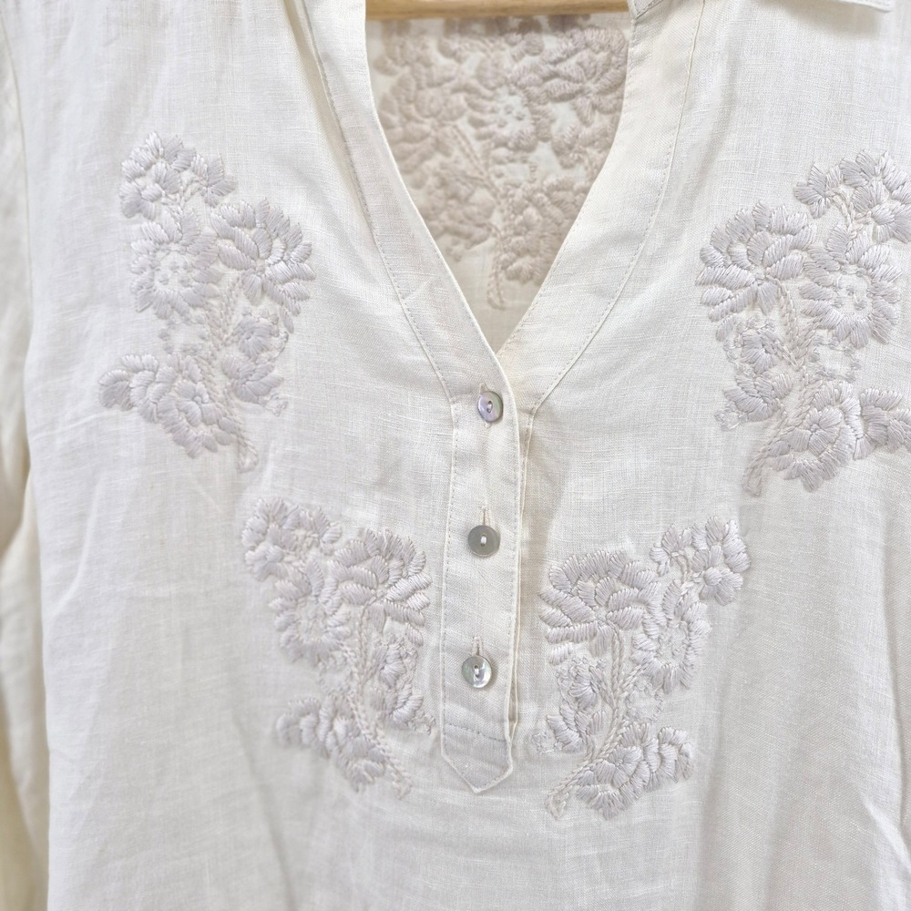 BritishIndia Classics 100%‎ Linen Tunic Blouse 13 L Cream Embroidered Resortwear - Picture 3 of 11